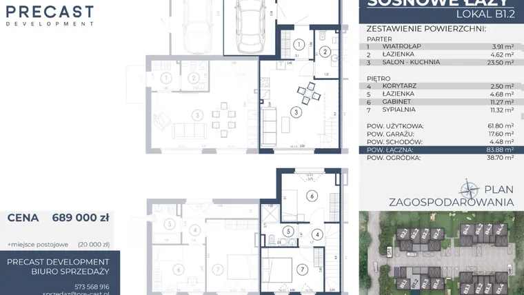 Rzut - Dom na sprzedaż 3 pokoje o powierzchni 83,88 m² - numer B1.2 w Osiedle Sosnowe Łazy