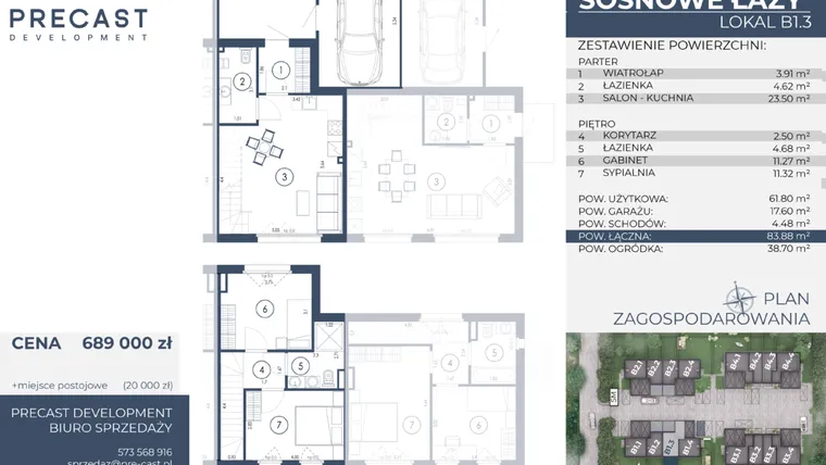 Rzut - Dom na sprzedaż 3 pokoje o powierzchni 83,88 m² - numer B1.3 w Osiedle Sosnowe Łazy