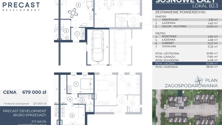 Rzut - Dom na sprzedaż 3 pokoje o powierzchni 83,88 m² - numer B2.3 w Osiedle Sosnowe Łazy
