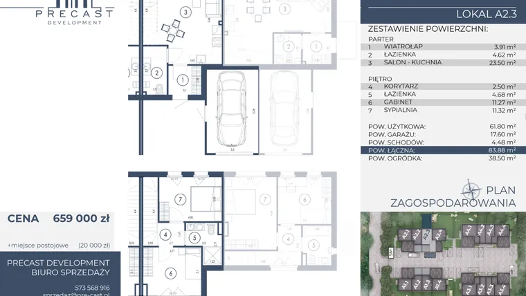 Rzut - Dom na sprzedaż 3 pokoje o powierzchni 83,88 m² - numer A2.3 w Osiedle Sosnowe Łazy