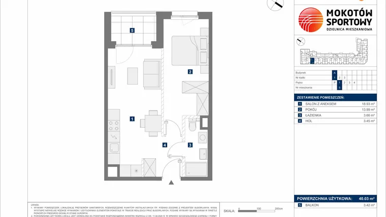 Rzut - Mieszkanie na sprzedaż 2 pokoje o powierzchni 40,03 m² - numer A5 w Mokotów Sportowy 1.3