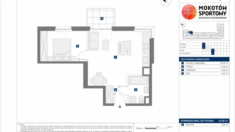 Rzut - Mieszkanie na sprzedaż 2 pokoje o powierzchni 42,98 m² - numer A17 w Mokotów Sportowy 1.3