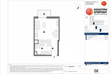 Rzut - Mieszkanie na sprzedaż 1 pokój o powierzchni 28,8 m² - numer D16 w Mokotów Sportowy 1.3