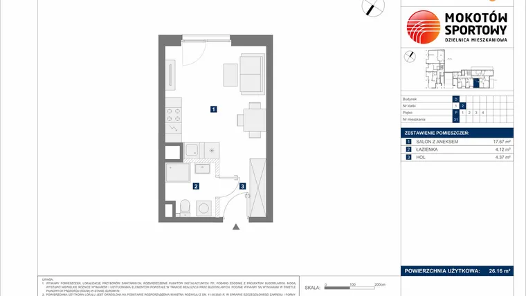 Rzut - Mieszkanie na sprzedaż 1 pokój o powierzchni 26,16 m² - numer D31 w Mokotów Sportowy 1.3