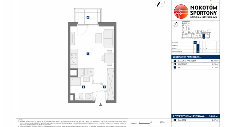 Rzut - Mieszkanie na sprzedaż 1 pokój o powierzchni 26,81 m² - numer D36 w Mokotów Sportowy 1.3