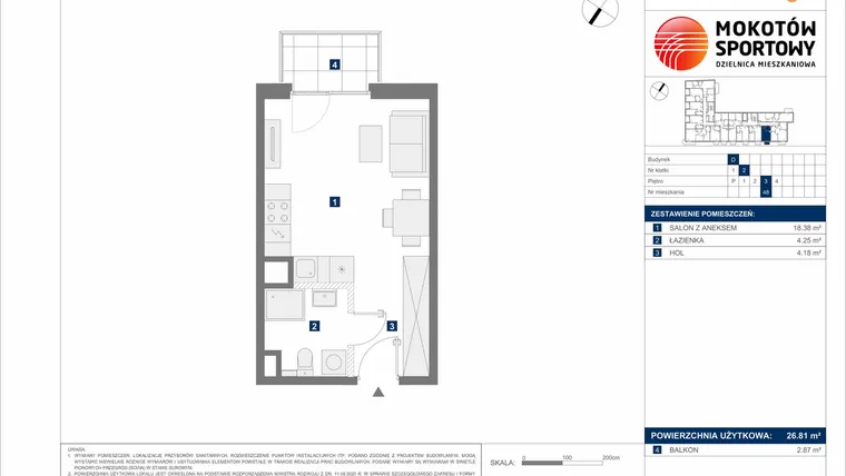 Rzut - Mieszkanie na sprzedaż 1 pokój o powierzchni 26,81 m² - numer D48 w Mokotów Sportowy 1.3