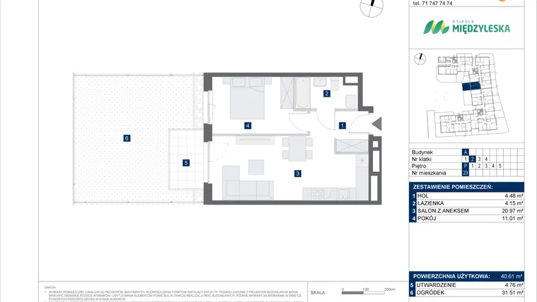 Rzut - Mieszkanie na sprzedaż 2 pokoje o powierzchni 40,61 m² - numer 23 w Osiedle Międzyleska - etap IV