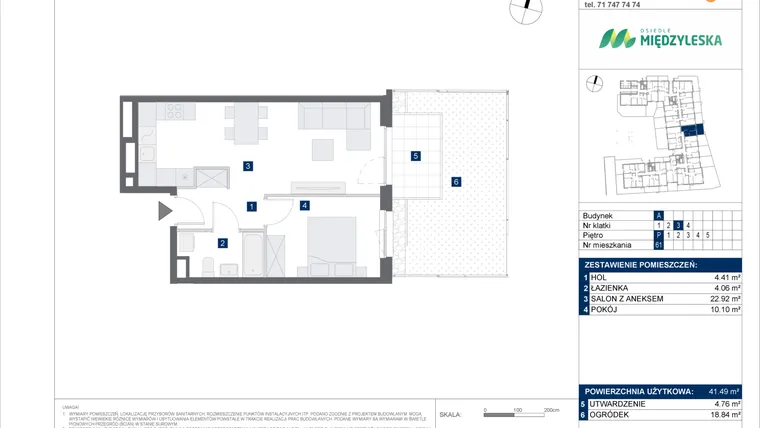 Rzut - Mieszkanie na sprzedaż 2 pokoje o powierzchni 41,49 m² - numer 61 w Osiedle Międzyleska - etap IV