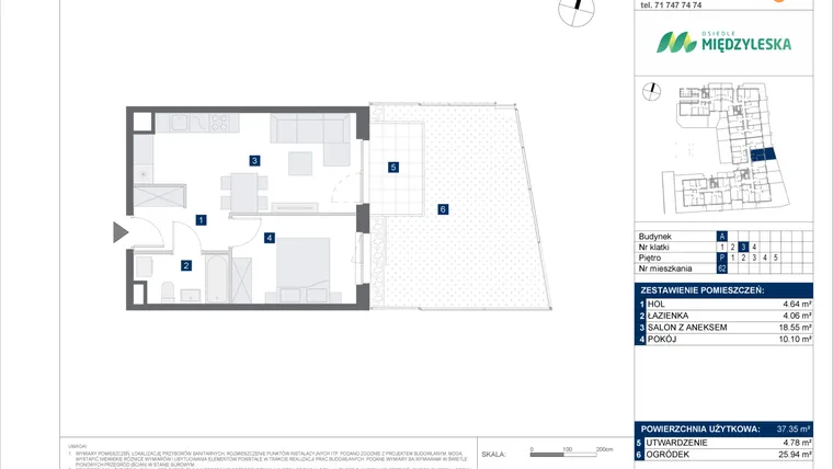 Rzut - Mieszkanie na sprzedaż 2 pokoje o powierzchni 37,35 m² - numer 62 w Osiedle Międzyleska - etap IV