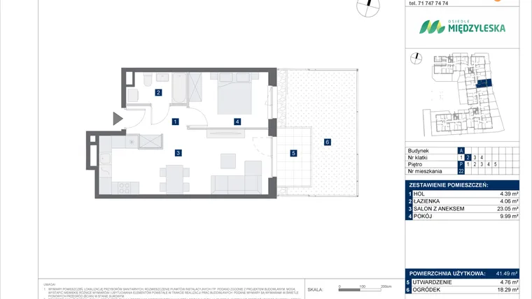 Rzut - Mieszkanie na sprzedaż 2 pokoje o powierzchni 41,49 m² - numer 22 w Osiedle Międzyleska - etap IV