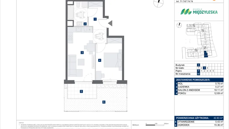 Rzut - Mieszkanie na sprzedaż 2 pokoje o powierzchni 42,83 m² - numer 66 w Osiedle Międzyleska - etap IV