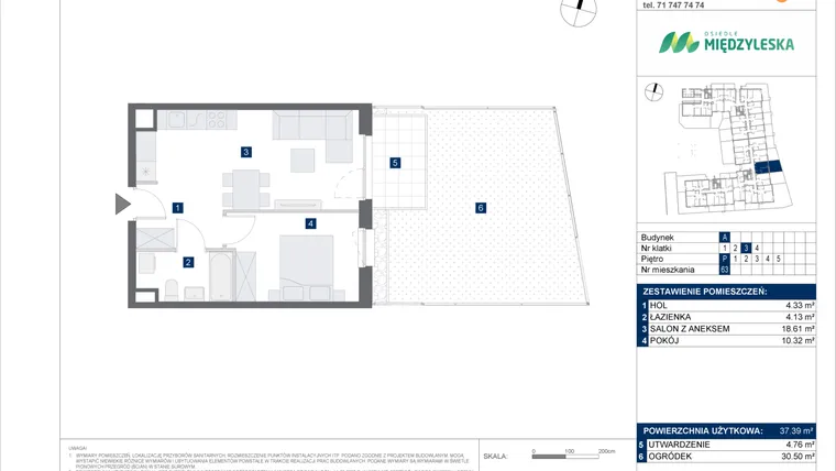 Rzut - Mieszkanie na sprzedaż 2 pokoje o powierzchni 37,39 m² - numer 63 w Osiedle Międzyleska - etap IV