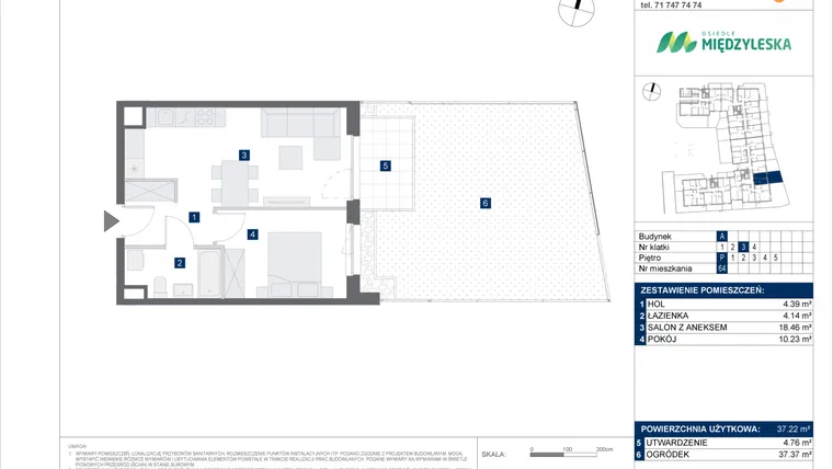 Rzut - Mieszkanie na sprzedaż 2 pokoje o powierzchni 37,22 m² - numer 64 w Osiedle Międzyleska - etap IV