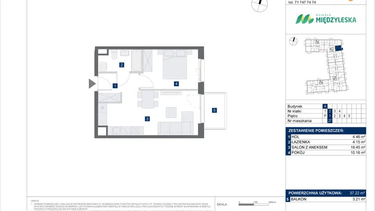 Rzut - Mieszkanie na sprzedaż 2 pokoje o powierzchni 37,22 m² - numer 27 w Osiedle Międzyleska - etap IV