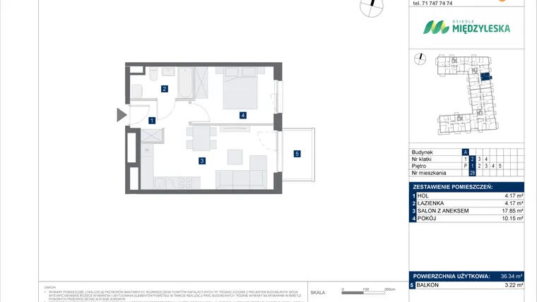 Rzut - Mieszkanie na sprzedaż 2 pokoje o powierzchni 36,34 m² - numer 28 w Osiedle Międzyleska - etap IV