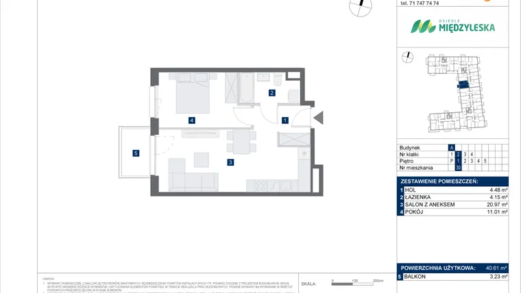 Rzut - Mieszkanie na sprzedaż 2 pokoje o powierzchni 40,61 m² - numer 30 w Osiedle Międzyleska - etap IV