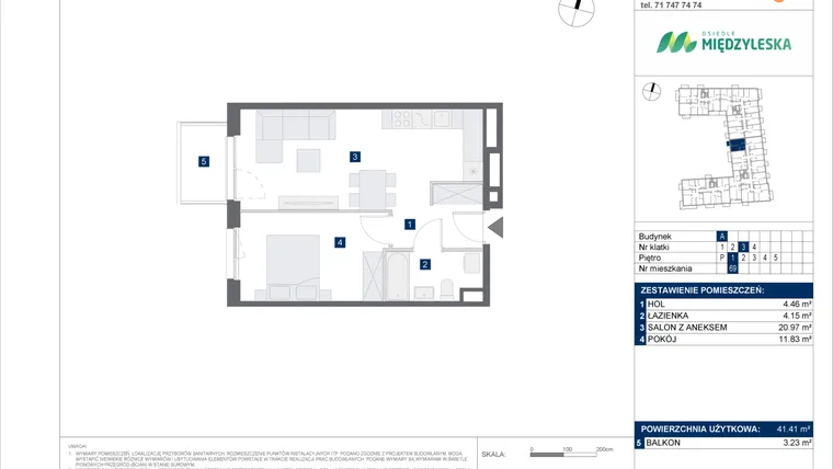 Rzut - Mieszkanie na sprzedaż 2 pokoje o powierzchni 41,41 m² - numer 69 w Osiedle Międzyleska - etap IV