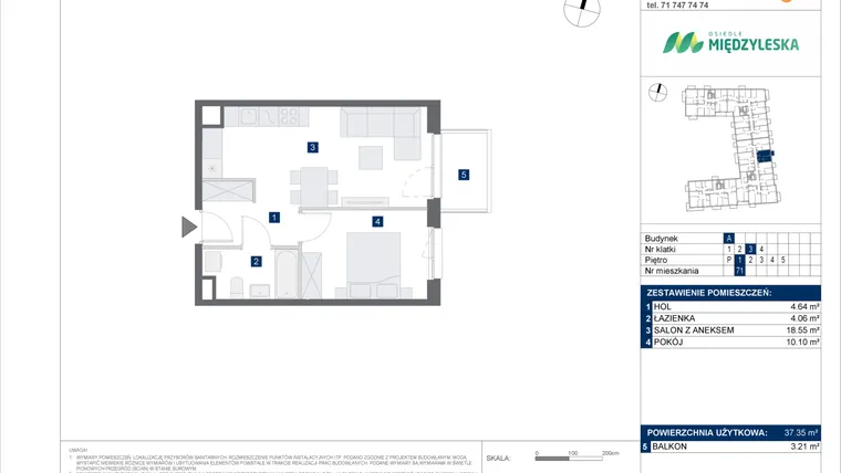 Rzut - Mieszkanie na sprzedaż 2 pokoje o powierzchni 37,35 m² - numer 71 w Osiedle Międzyleska - etap IV