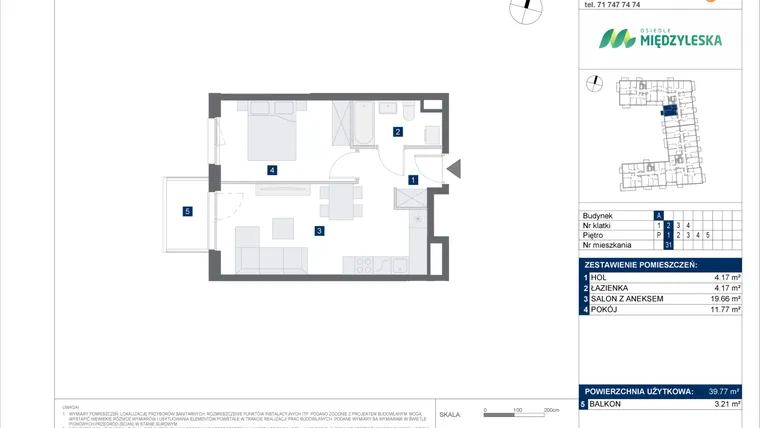 Rzut - Mieszkanie na sprzedaż 2 pokoje o powierzchni 39,77 m² - numer 31 w Osiedle Międzyleska - etap IV
