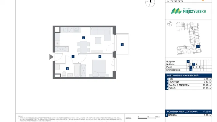 Rzut - Mieszkanie na sprzedaż 2 pokoje o powierzchni 37,22 m² - numer 73 w Osiedle Międzyleska - etap IV
