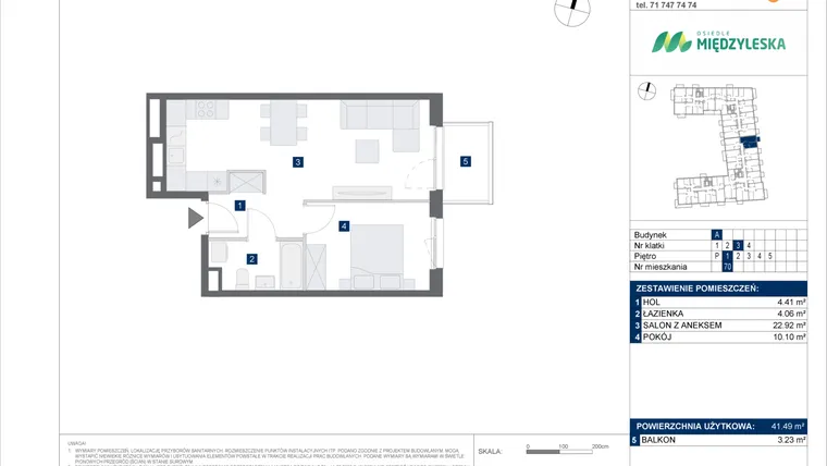 Rzut - Mieszkanie na sprzedaż 2 pokoje o powierzchni 41,49 m² - numer 70 w Osiedle Międzyleska - etap IV