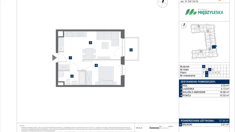 Rzut - Mieszkanie na sprzedaż 2 pokoje o powierzchni 37,36 m² - numer 72 w Osiedle Międzyleska - etap IV