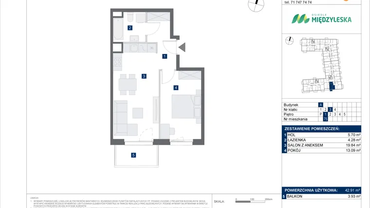Rzut - Mieszkanie na sprzedaż 2 pokoje o powierzchni 42,91 m² - numer 75 w Osiedle Międzyleska - etap IV