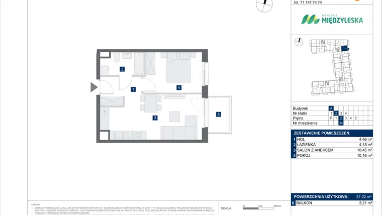 Rzut - Mieszkanie na sprzedaż 2 pokoje o powierzchni 37,22 m² - numer 34 w Osiedle Międzyleska - etap IV