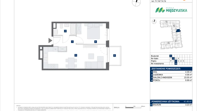 Rzut - Mieszkanie na sprzedaż 2 pokoje o powierzchni 41,49 m² - numer 36 w Osiedle Międzyleska - etap IV