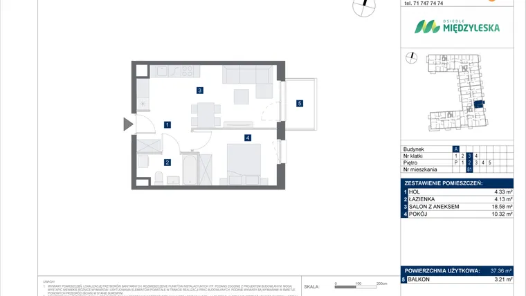 Rzut - Mieszkanie na sprzedaż 2 pokoje o powierzchni 37,36 m² - numer 81 w Osiedle Międzyleska - etap IV