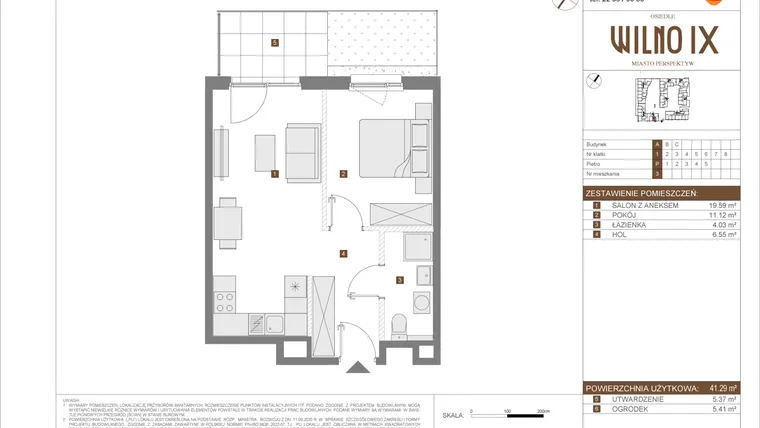 Rzut - Mieszkanie na sprzedaż 2 pokoje o powierzchni 41,29 m² - numer A.3 w Osiedle Wilno IX etap 2