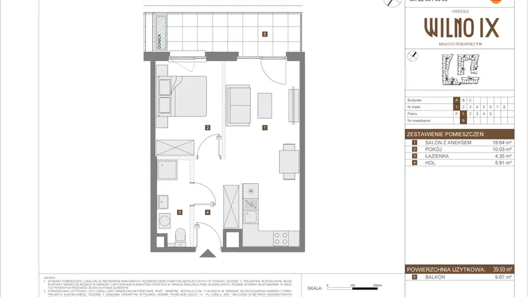 Rzut - Mieszkanie na sprzedaż 2 pokoje o powierzchni 39,93 m² - numer A.6 w Osiedle Wilno IX etap 2