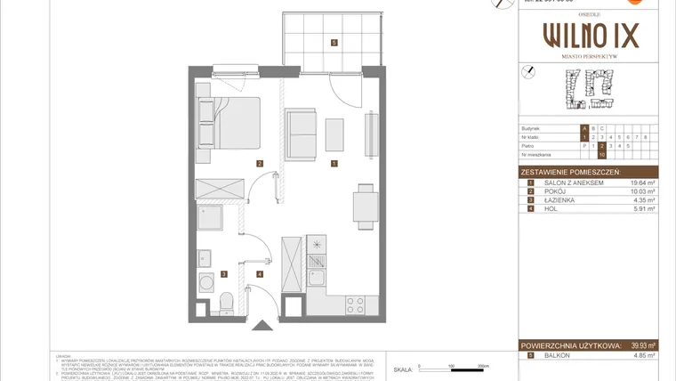 Rzut - Mieszkanie na sprzedaż 2 pokoje o powierzchni 39,93 m² - numer A.10 w Osiedle Wilno IX etap 2