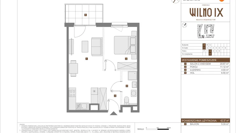 Rzut - Mieszkanie na sprzedaż 2 pokoje o powierzchni 42,37 m² - numer A.11 w Osiedle Wilno IX etap 2