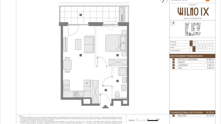 Rzut - Mieszkanie na sprzedaż 2 pokoje o powierzchni 41,29 m² - numer A.7 w Osiedle Wilno IX etap 2