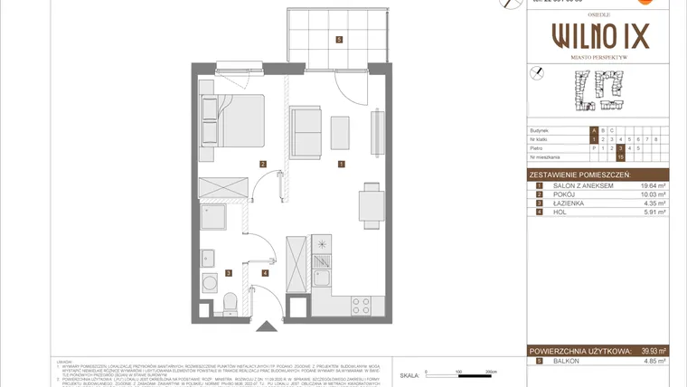 Rzut - Mieszkanie na sprzedaż 2 pokoje o powierzchni 39,93 m² - numer A.15 w Osiedle Wilno IX etap 2