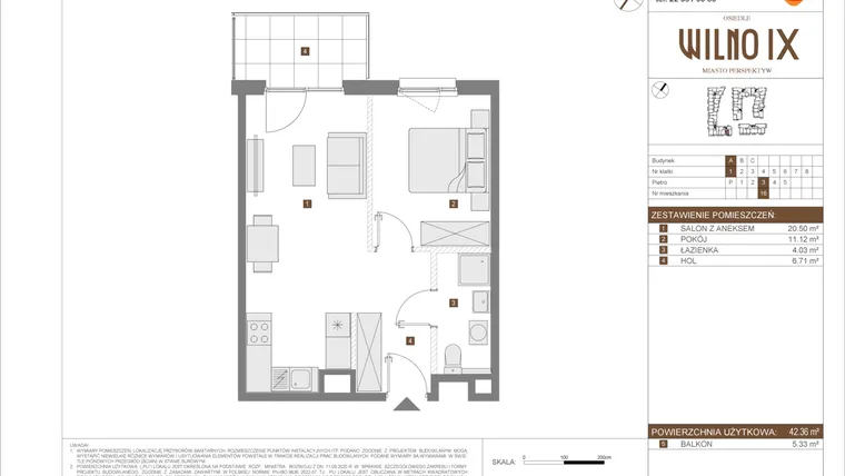 Rzut - Mieszkanie na sprzedaż 2 pokoje o powierzchni 42,36 m² - numer A.16 w Osiedle Wilno IX etap 2