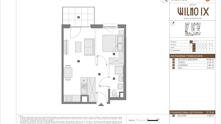 Rzut - Mieszkanie na sprzedaż 2 pokoje o powierzchni 37,19 m² - numer A.24 w Osiedle Wilno IX etap 2