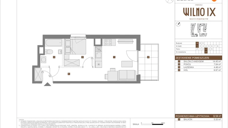 Rzut - Mieszkanie na sprzedaż 2 pokoje o powierzchni 32,94 m² - numer A.17 w Osiedle Wilno IX etap 2