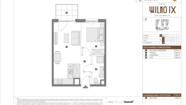 Rzut - Mieszkanie na sprzedaż 2 pokoje o powierzchni 37,63 m² - numer A.26 w Osiedle Wilno IX etap 2