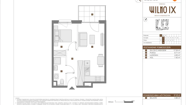 Rzut - Mieszkanie na sprzedaż 2 pokoje o powierzchni 37,22 m² - numer A.25 w Osiedle Wilno IX etap 2