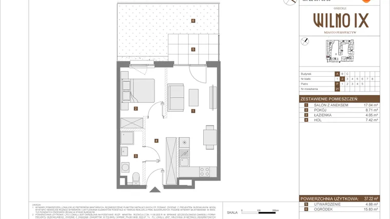 Rzut - Mieszkanie na sprzedaż 2 pokoje o powierzchni 37,22 m² - numer A.21 w Osiedle Wilno IX etap 2