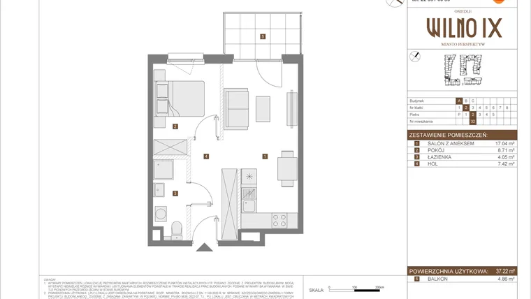 Rzut - Mieszkanie na sprzedaż 2 pokoje o powierzchni 37,22 m² - numer A.32 w Osiedle Wilno IX etap 2