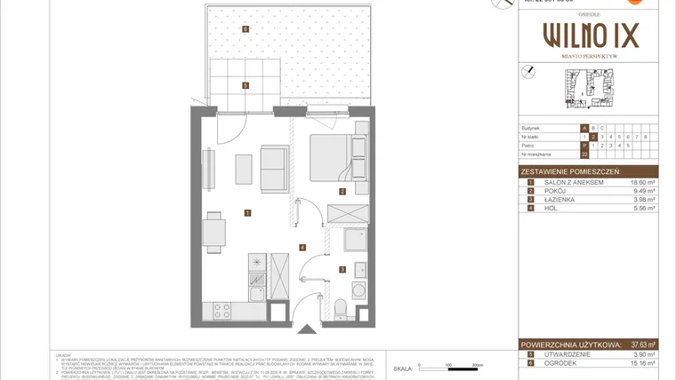 Rzut - Mieszkanie na sprzedaż 2 pokoje o powierzchni 37,63 m² - numer A.22 w Osiedle Wilno IX etap 2