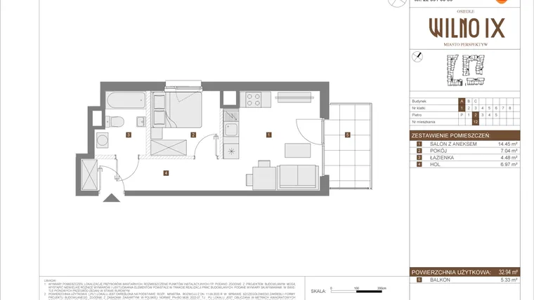 Rzut - Mieszkanie na sprzedaż 2 pokoje o powierzchni 32,94 m² - numer A.12 w Osiedle Wilno IX etap 2