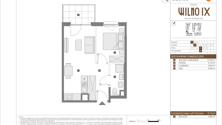 Rzut - Mieszkanie na sprzedaż 2 pokoje o powierzchni 37,19 m² - numer A.38 w Osiedle Wilno IX etap 2