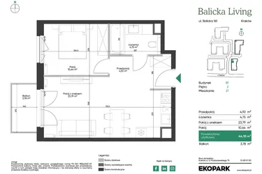 Rzut - Mieszkanie na sprzedaż 2 pokoje o powierzchni 44,1 m² - numer B1.21 w Balicka Living