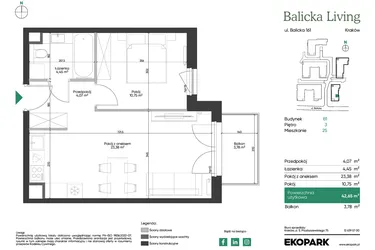Rzut - Mieszkanie na sprzedaż 2 pokoje o powierzchni 42,65 m² - numer B1.25 w Balicka Living
