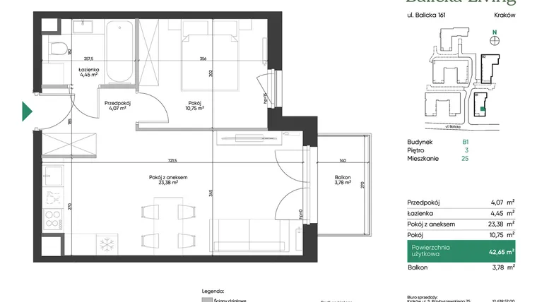 Rzut - Mieszkanie na sprzedaż 2 pokoje o powierzchni 42,65 m² - numer B1.25 w Balicka Living