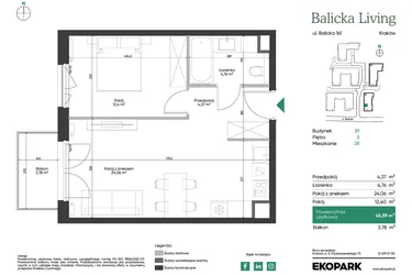 Rzut - Mieszkanie na sprzedaż 2 pokoje o powierzchni 45,59 m² - numer B1.28 w Balicka Living